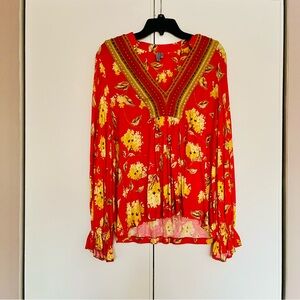 Anthropologie Red and Yellow Floral Blouse